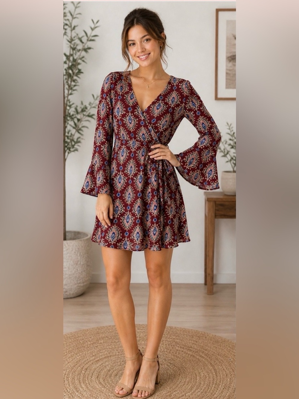 She + Sky Burgundy Bell Sleeve Faux Wrap Dress Size Small
